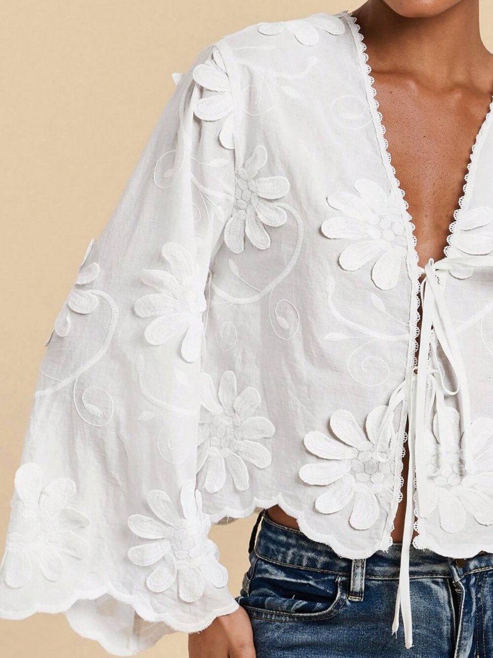 White Casual Women's Vacation Floral Embroidered Lace-Up Shirt